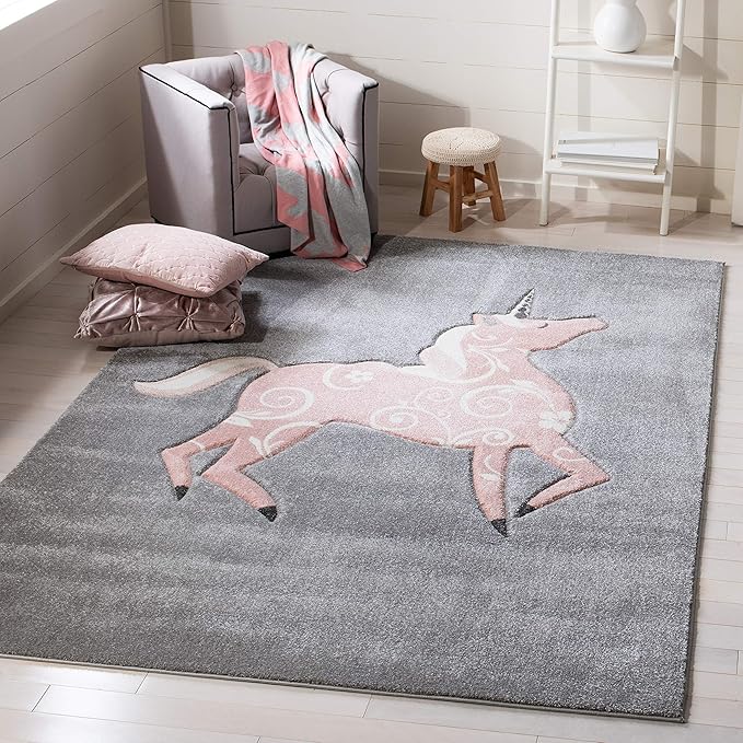 SAFAVIEH Carousel Kids Collection Area Rug - 6'7" Square, Grey & Pink, Non-Shedding & Easy Care, Ideal for High Traffic Areas for Boys & Girls in Playroom, Nursery, Bedroom (CRK163F)