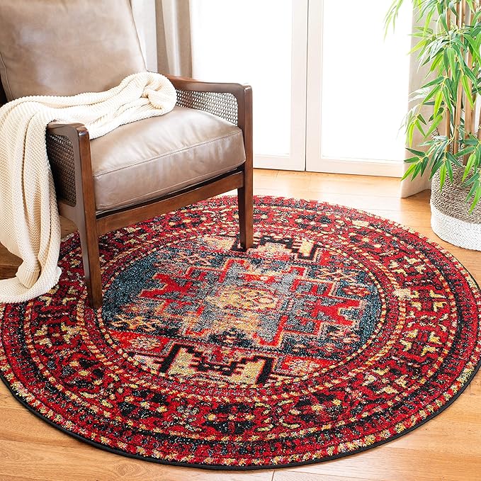 SAFAVIEH Vintage Hamadan Collection 9' Round Red / Multi VTH213A Oriental Traditional Persian Non-Shedding Dining Room Entryway Foyer Living Room Bedroom Area Rug