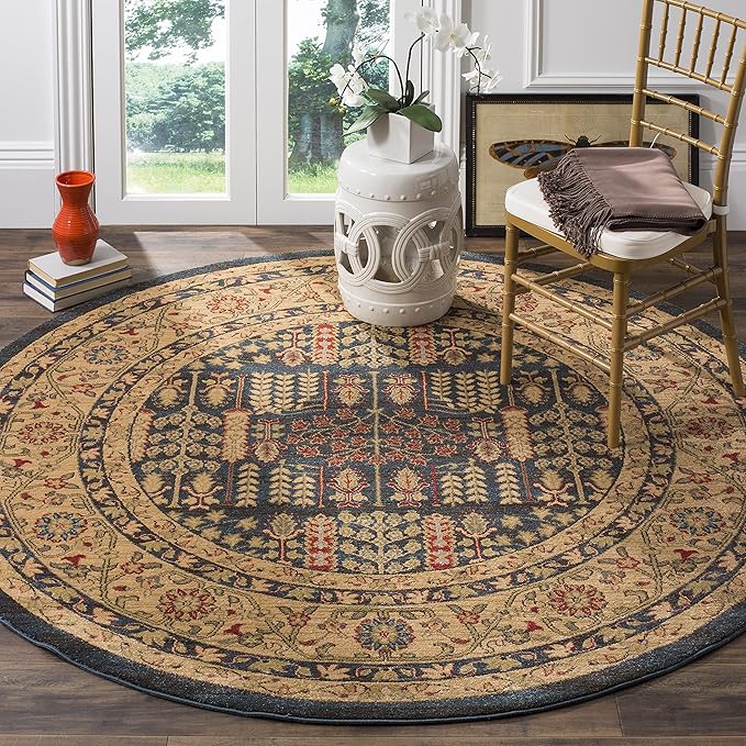 SAFAVIEH Mahal Collection Area Rug - 6'7" Round, Navy & Natural, Traditional Oriental Design, Non-Shedding & Easy Care, Ideal for High Traffic Areas in Living Room, Bedroom (MAH697E)