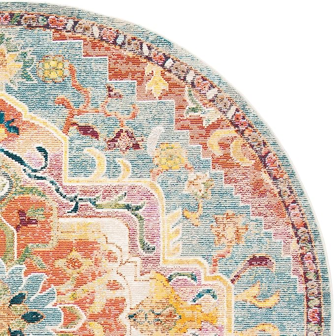 SAFAVIEH Crystal Collection Area Rug - 7' Round, Orange & Teal, Medallion Distressed Design, Non-Shedding & Easy Care, Ideal for High Traffic Areas in Living Room, Bedroom (CRS501K)
