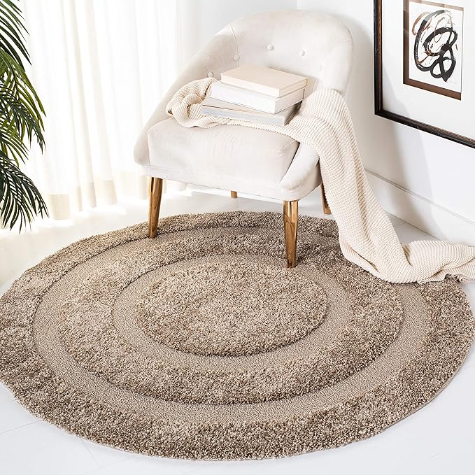 SAFAVIEH Florida Shag Collection Accent Rug - 3' Round, Beige & Beige, Non-Shedding, 1.2-inch Thick, Ideal for Living Room, Foyer, Bedroom (SG454-1313-3R)