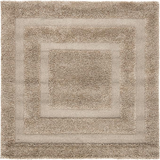 SAFAVIEH Florida Shag Collection Area Rug - 4' Square, Beige & Beige, Border Design, Non-Shedding & Easy Care, 1.2-inch Thick Ideal for High Traffic Areas in Living Room, Bedroom (SG454-1313)