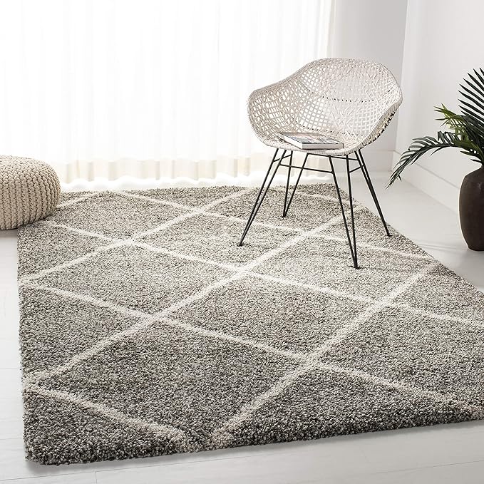 SAFAVIEH Hudson Shag Collection Area Rug - 7' Square, Grey & Ivory, Modern Trellis Design, Non-Shedding & Easy Care, 2-inch Thick Ideal for High Traffic Areas in Living Room, Bedroom (SGH281B)