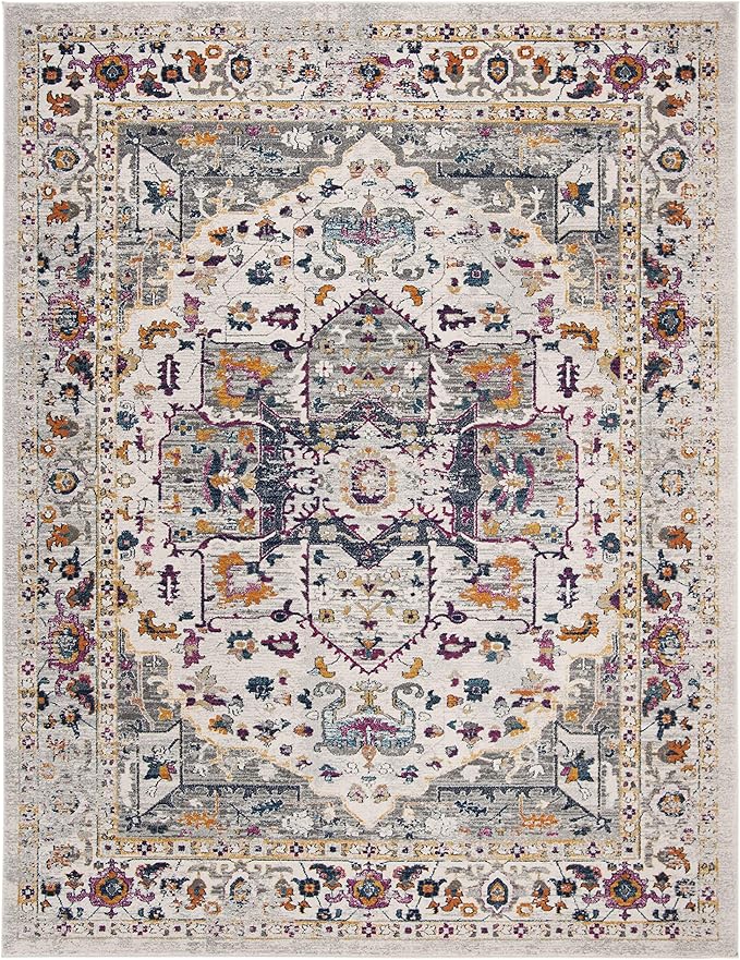 SAFAVIEH Evoke Collection Area Rug - 9' x 12', Ivory & Grey, Oriental Medallion Distressed Design, Non-Shedding & Easy Care, Ideal for High Traffic Areas in Living Room, Bedroom (EVK275A)