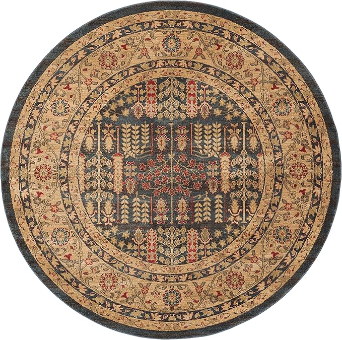 SAFAVIEH Mahal Collection Area Rug - 6'7" Round, Navy & Natural, Traditional Oriental Design, Non-Shedding & Easy Care, Ideal for High Traffic Areas in Living Room, Bedroom (MAH697E)