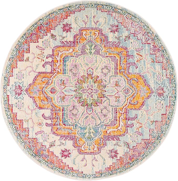 SAFAVIEH Crystal Collection Area Rug - 8' Round, Light Blue & Fuchsia, Medallion Distressed Design, Non-Shedding & Easy Care, Ideal for High Traffic Areas in Living Room, Bedroom (CRS501B)