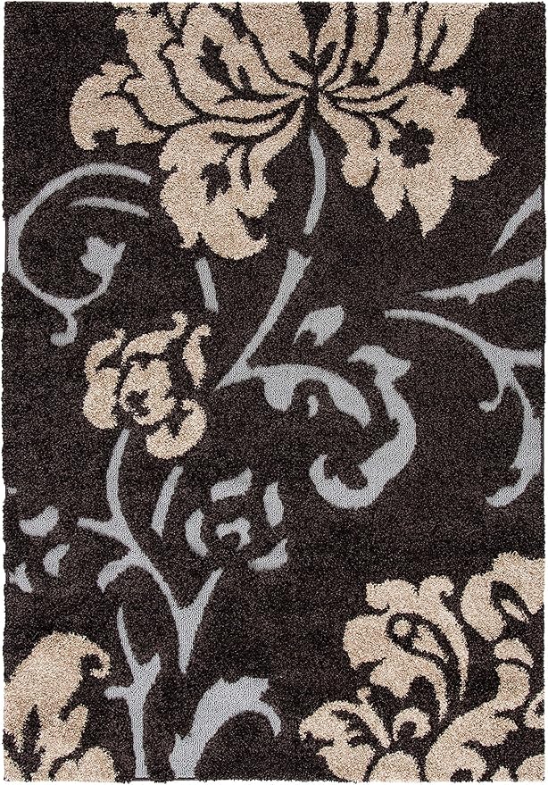 SAFAVIEH Florida Shag Collection Area Rug - 6' x 9', Dark Brown & Smoke, Floral Design, Non-Shedding & Easy Care, 1.2-inch Thick Ideal for High Traffic Areas in Living Room, Bedroom (SG458-2879)