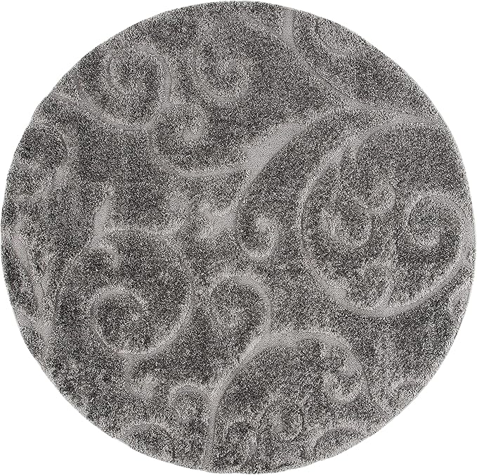SAFAVIEH Florida Shag Collection Area Rug - 6'7" Round, Grey, Scroll Design, Non-Shedding & Easy to Clean, High-Low Plush Pile, Ideal for Living Room, Bedroom, Dining Space (SG455-8013)