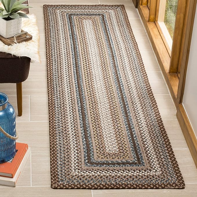 SAFAVIEH Washable Rug Outdoor Braided Collection - 2'3" x 8' Runner, Brown & Multi, Handmade & Reversible, Non-Shedding & Easy to Clean, Ideal for Patio, Backyard, Mudroom (BRD313A)