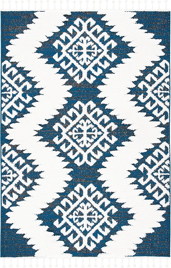 SAFAVIEH Moroccan Tassel Shag Collection Accent Rug - 4' x 6', Navy & Ivory, Non-Shedding & Easy Care, 2-inch Thick Ideal for High Traffic Areas in Entryway, Living Room, Bedroom (MTS652N)