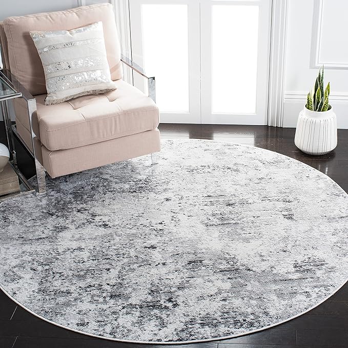 SAFAVIEH Area Rug 8' Round - Amelia Collection - Large - Grey & Ivory, Non-Shedding & Easy to Clean, Ideal for Living Room, Bedroom, Dining Space (ALA705G)
