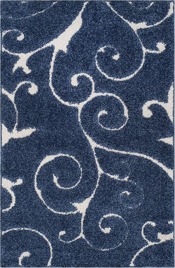SAFAVIEH Florida Shag Collection Accent Rug - 3'3" x 5'3", Dark Blue & Cream, Scroll Design, Non-Shedding & Easy Care, High-Low Plush Pile, Ideal for Living Room, Bedroom, Dining Space (SG455-6511)