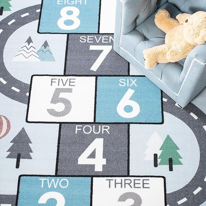 SAFAVIEH Washable Rug Kids Playhouse Collection - 5' Square, Grey & Blue, Slip Resistant & Easy to Clean, Ideal for Kids Room, Playroom, Nursery, Boys & Girls Room (KPH226F)