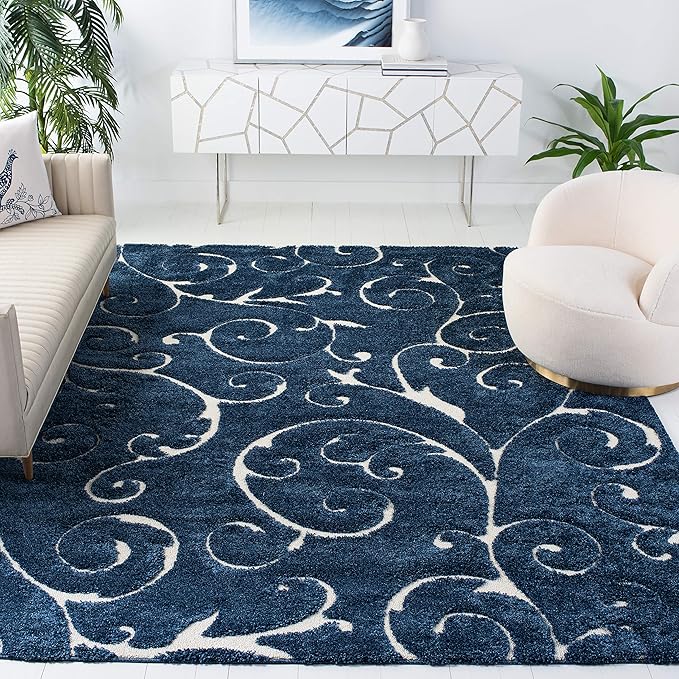 SAFAVIEH Area Rug 9x12 - Florida Shag Collection - Large - Dark Blue & Cream, Scroll Design, Non-Shedding & Easy to Clean, High-Low Plush Pile, Ideal for Living Room, Bedroom, Dining (SG455-6511)