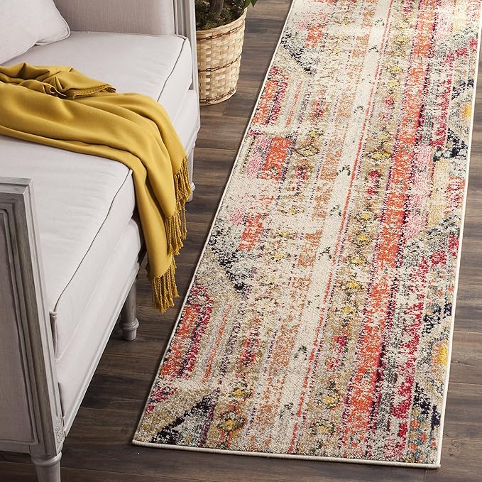 SAFAVIEH Monaco Collection Runner Rug - 2'2" x 18', Light Grey & Multi, Boho Chic Tribal Distressed Design, Non-Shedding & Easy Care, Ideal for High Traffic Areas in Living Room, Bedroom (MNC222G)