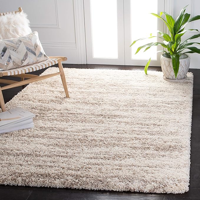 SAFAVIEH Hudson Shag Collection Area Rug - 4' Square, Ivory & Beige, Modern Design, Non-Shedding & Easy Care, 2-inch Thick Ideal for High Traffic Areas in Living Room, Bedroom (SGH206B)