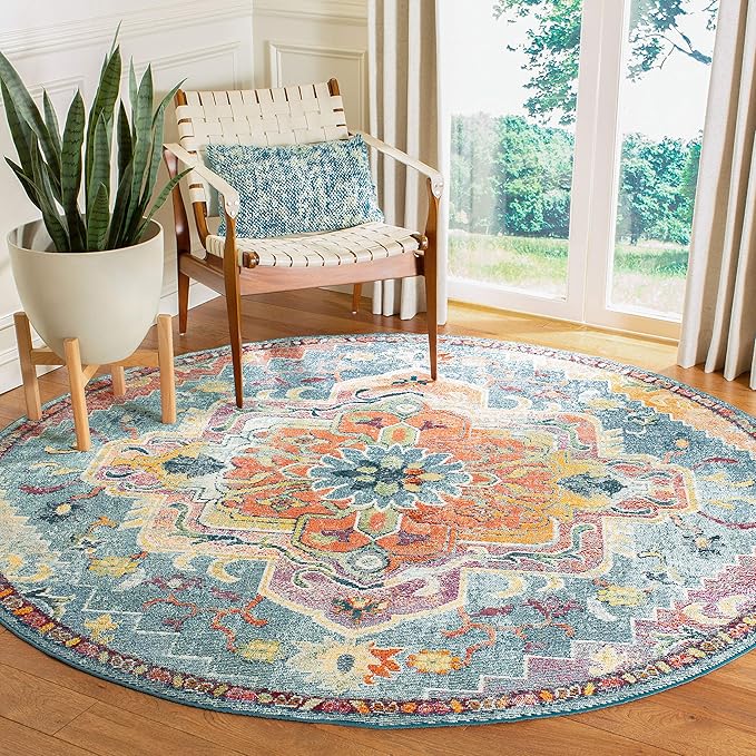 SAFAVIEH Crystal Collection Area Rug - 8' Round, Teal & Orange, Medallion Distressed Design, Non-Shedding & Easy Care, Ideal for High Traffic Areas in Living Room, Bedroom (CRS501J)
