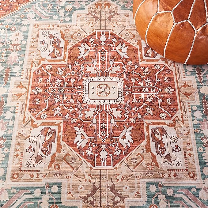 SAFAVIEH Washable Rug Tucson Collection - 8' Square, Aqua & Rust, Slip Resistant & Easy to Clean, Ideal for Living Room, Bedroom, Dining Space (TSN150J)