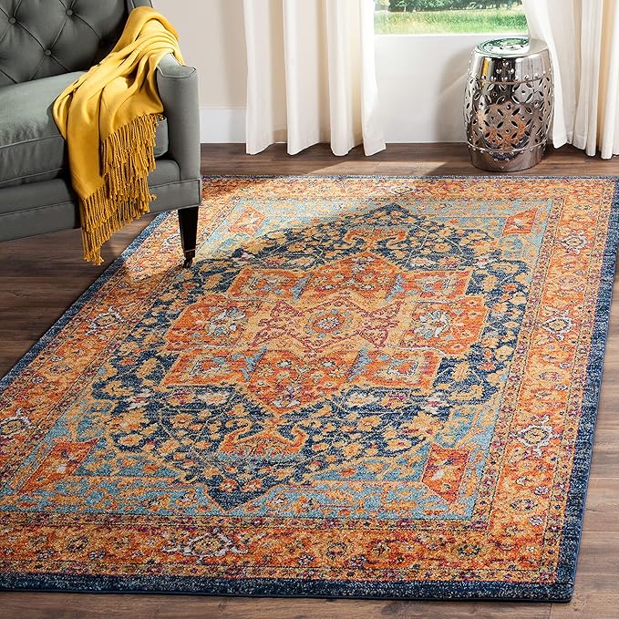 SAFAVIEH Evoke Collection Area Rug - 3' Square, Blue & Orange, Oriental Medallion Distressed Design, Non-Shedding & Easy Care, Ideal for High Traffic Areas in Living Room, Bedroom (EVK275C)