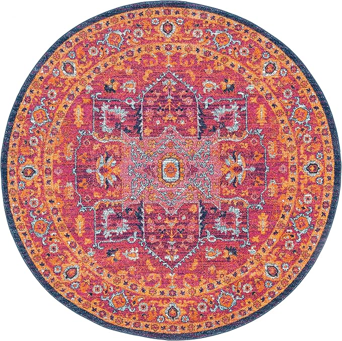 SAFAVIEH Evoke Collection 6'7" Round Fuchsia / Orange EVK275S Oriental Medallion Distressed Non-Shedding Dining Room Entryway Foyer Living Room Bedroom Area Rug