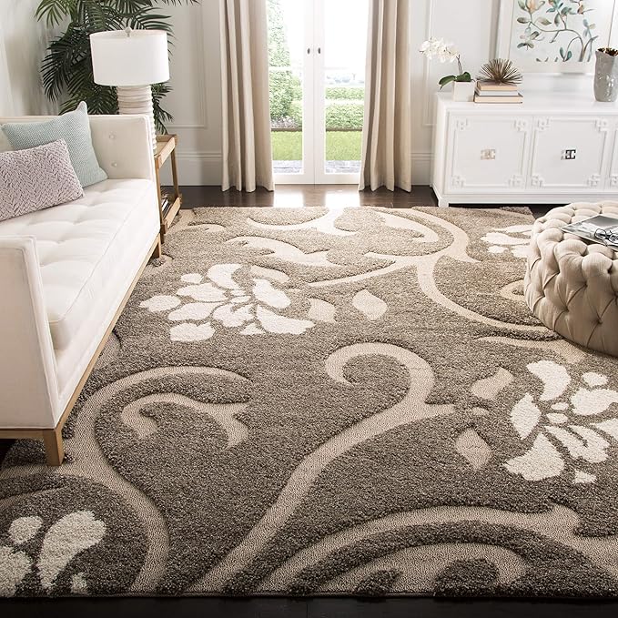 SAFAVIEH Florida Shag Collection Area Rug - 5' Square, Smoke & Beige, Floral Design, Non-Shedding & Easy Care, 1.2-inch Thick Ideal for High Traffic Areas in Living Room, Bedroom (SG464-7913)