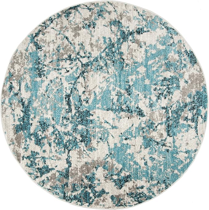 SAFAVIEH Skyler Collection Area Rug - 6'7" Round, Blue & Ivory, Modern Abstract Design, Non-Shedding & Easy Care, Ideal for High Traffic Areas in Living Room, Bedroom (SKY186M)