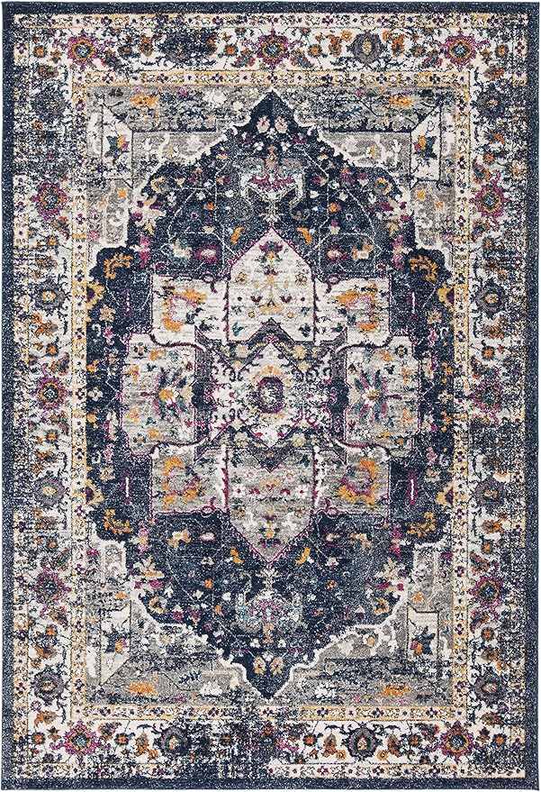 SAFAVIEH Evoke Collection Area Rug - 5'3" x 7'6", Navy & Grey, Oriental Medallion Distressed Design, Non-Shedding & Easy Care, Ideal for High Traffic Areas in Living Room, Bedroom (EVK275N)