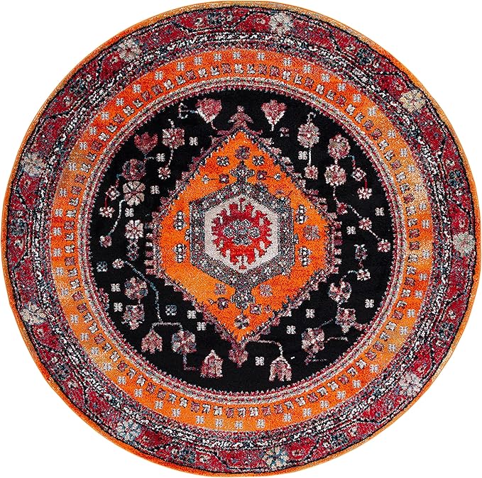 SAFAVIEH Vintage Hamadan Collection Area Rug - 6'7" Round, Orange & Black, Traditional Oriental Design, Non-Shedding & Easy Care, Ideal for High Traffic Areas in Living Room, Bedroom (VTH204P)