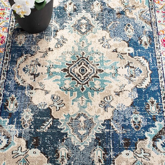 SAFAVIEH Monaco Collection Runner Rug - 2'2" x 16', Navy & Light Blue, Non-Shedding & Easy to Clean, Distressed Medallion Design, Ideal for Hallway, Foyer, Entryway, Kitchen, Bedroom (MNC243N)