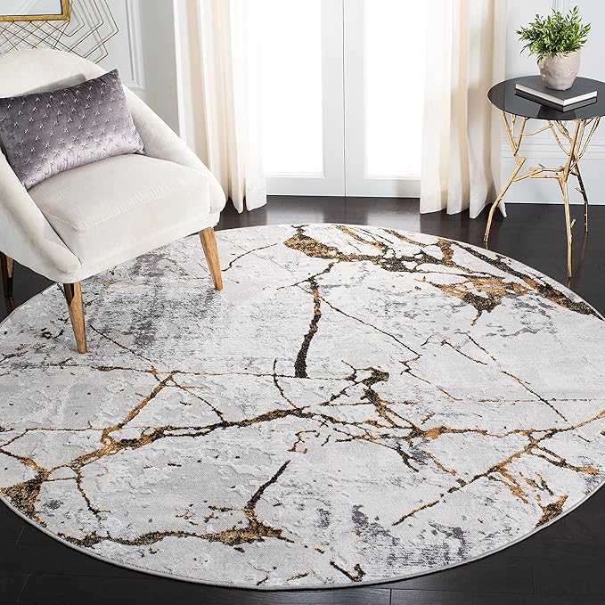 SAFAVIEH Amelia Collection 5' Round Grey/Gold ALA293G Modern Abstract Non-Shedding Living Room Dining Bedroom Foyer Area Rug