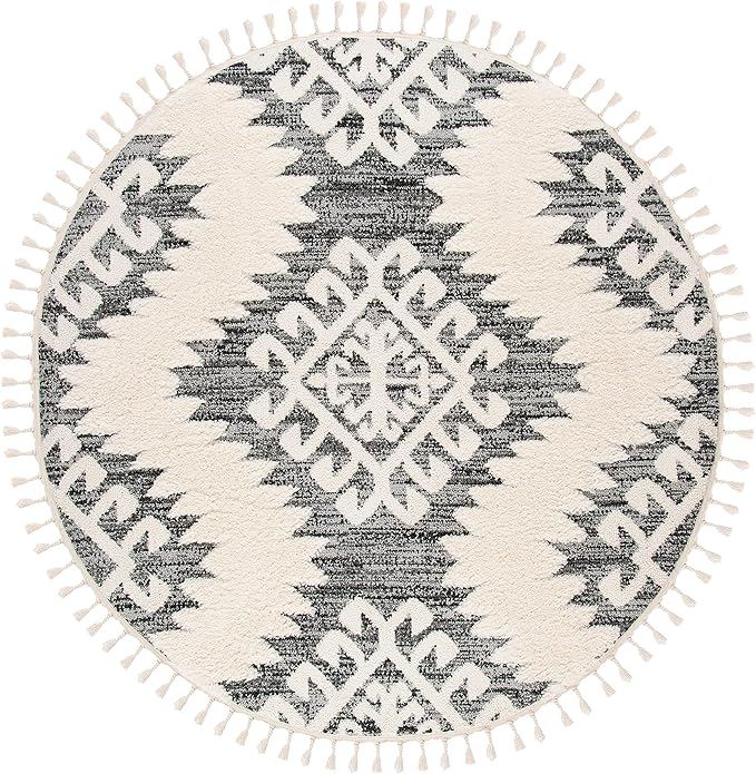 SAFAVIEH Moroccan Tassel Shag Collection Area Rug - 8' Round, Ivory & Grey, Boho Design, Non-Shedding & Easy Care, 2-inch Thick Ideal for High Traffic Areas in Living Room, Bedroom (MTS652F)