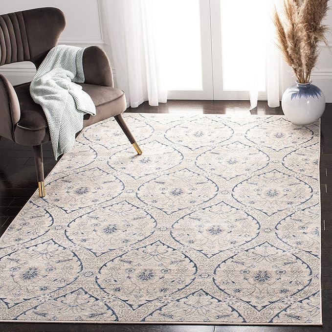 SAFAVIEH Brentwood Collection Area Rug - 5'3" x 7'6", Light Grey & Blue, Floral Damask Ogee Trellis Design, Non-Shedding & Easy Care, Ideal for High Traffic Areas in Living Room, Bedroom (BNT860G)
