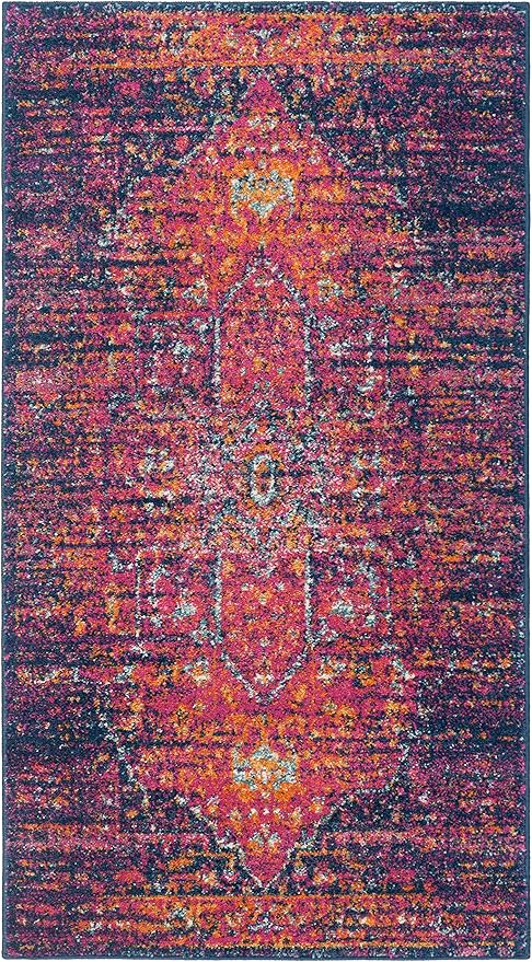 SAFAVIEH Evoke Collection Accent Rug - 2'2" x 4', Blue & Fuchsia, Oriental Medallion Distressed Design, Non-Shedding & Easy Care, Ideal for High Traffic Areas in Foyer, Living Room, Bedroom (EVK275F)