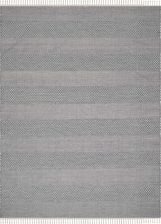 SAFAVIEH Montauk Collection Area Rug - 10' x 14', Ivory & Navy, Handmade Flat Weave Boho Farmhouse Cotton Tassel Fringe, Ideal for High Traffic Areas in Living Room, Bedroom (MTK330B)