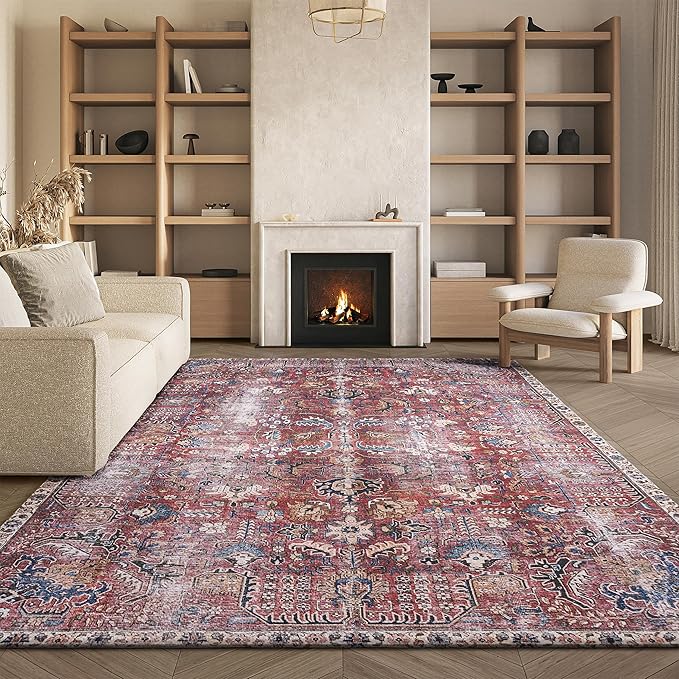 SAFAVIEH Washable Rug Tucson Collection - 8' x 10', Red & Beige, Slip Resistant & Easy to Clean, Ideal for Living Room, Bedroom, Dining Space (TSN174Q)