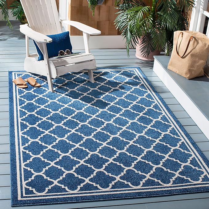 SAFAVIEH Amherst Collection Area Rug - 6' x 9', Navy & Beige, Moroccan Trellis Design, Non-Shedding & Easy Care, Ideal for High Traffic Areas in Living Room, Bedroom (AMT422P)