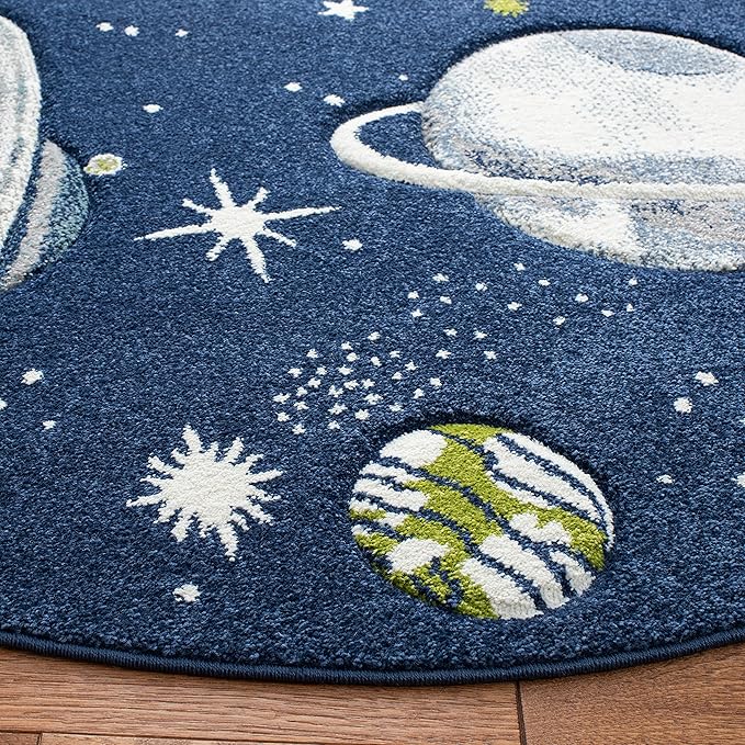 SAFAVIEH Carousel Kids Collection 3' Round Navy/Ivory CRK103N Outer Space Non-Shedding Playroom Nursery Bedroom Area Rug