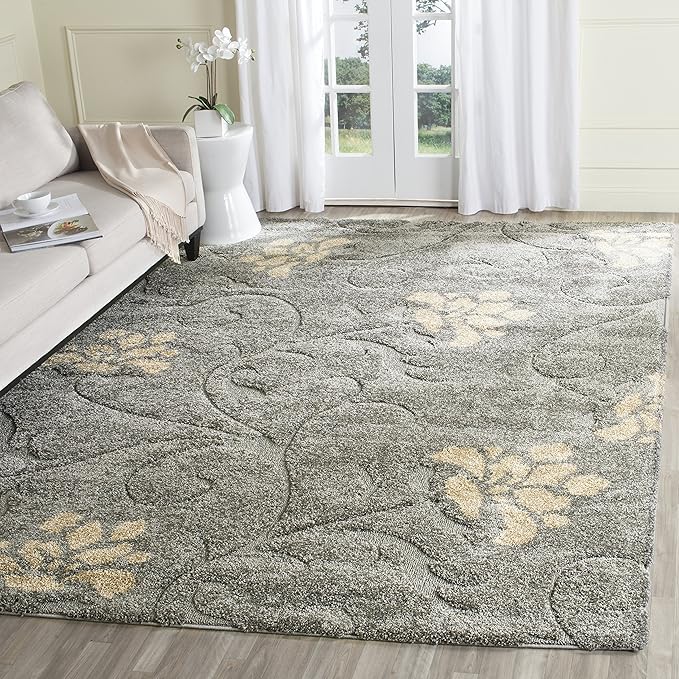 SAFAVIEH Florida Shag Collection Accent Rug - 4' x 6', Grey & Beige, Floral Design, Non-Shedding & Easy Care, 1.2-inch Thick Ideal for High Traffic Areas in Entryway, Living Room, Bedroom (SG464-8013)