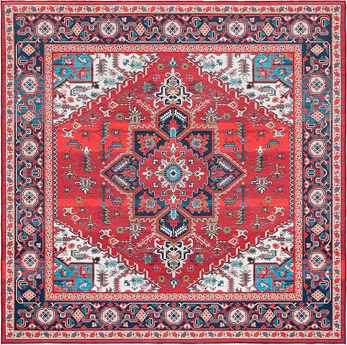 SAFAVIEH Washable Rug Tucson Collection - 4' Square, Red & Blue, Slip Resistant & Easy to Clean, Ideal for Foyer, Kitchen, Nursery, Office, Bedroom (TSN101Q)