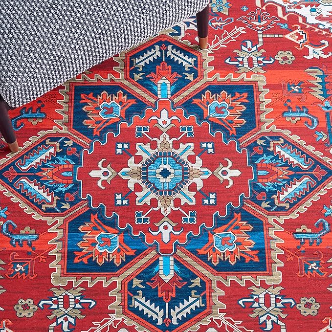 SAFAVIEH Washable Rug Tucson Collection - 4' x 6', Red & Blue, Slip Resistant & Easy to Clean, Ideal for Foyer, Kitchen, Nursery, Office, Bedroom (TSN101Q)