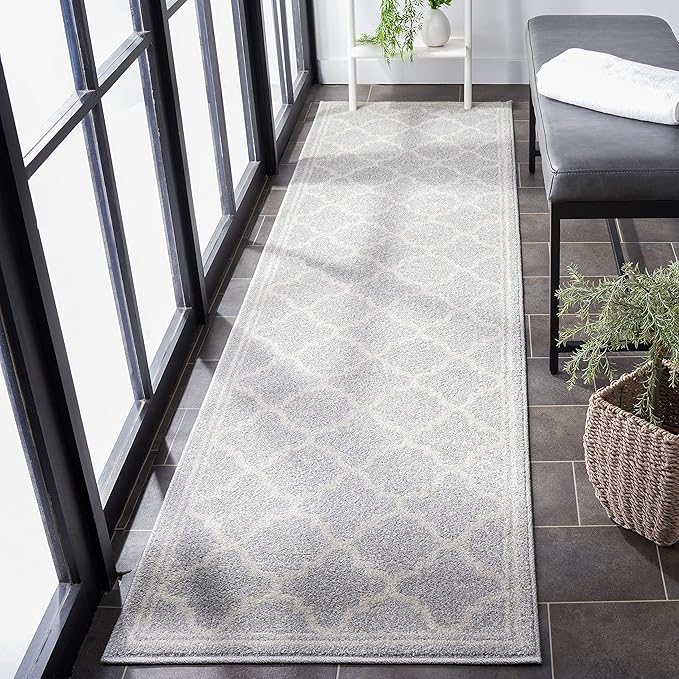SAFAVIEH Amherst Collection Runner Rug - 2'3" x 13', Light Grey & Beige, Moroccan Trellis Design, Non-Shedding & Easy Care, Ideal for High Traffic Areas in Living Room, Bedroom (AMT422B)