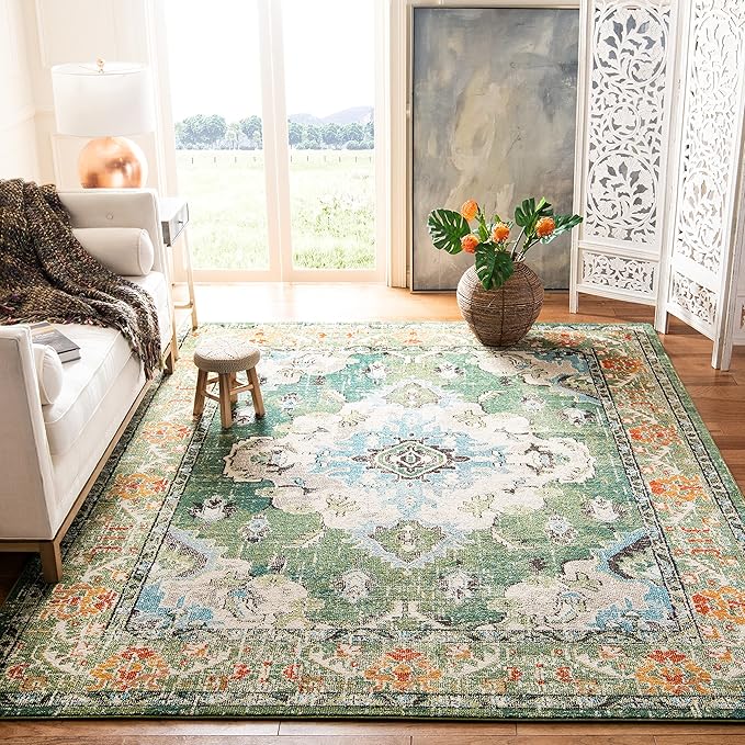 SAFAVIEH Monaco Collection Area Rug - 2'2" x 4', Forest Green & Light Blue, Non-Shedding & Easy to Clean, Distressed Medallion Design, Ideal for Front Door, Kitchen, Entryway, Accent Space (MNC243F)
