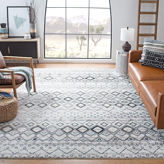 SAFAVIEH Amsterdam Collection X-Large Area Rug - 12' x 18', Ivory & Grey, Moroccan Boho Design, Non-Shedding & Easy Care, Ideal for High Traffic Areas in Living Room, Bedroom (AMS108A)