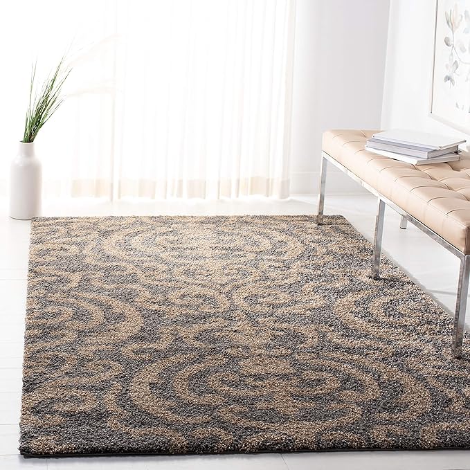 SAFAVIEH Florida Shag Collection Area Rug - 4' Square, Grey & Beige, Damask Design, Non-Shedding & Easy Care, 1.2-inch Thick Ideal for High Traffic Areas in Living Room, Bedroom (SG462-8013)