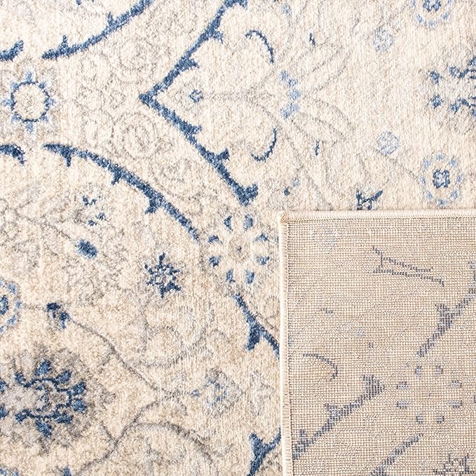 SAFAVIEH Brentwood Collection Area Rug - 6'7" Square, Light Grey & Blue, Floral Damask Ogee Trellis Design, Non-Shedding & Easy Care, Ideal for High Traffic Areas in Living Room, Bedroom (BNT860G)