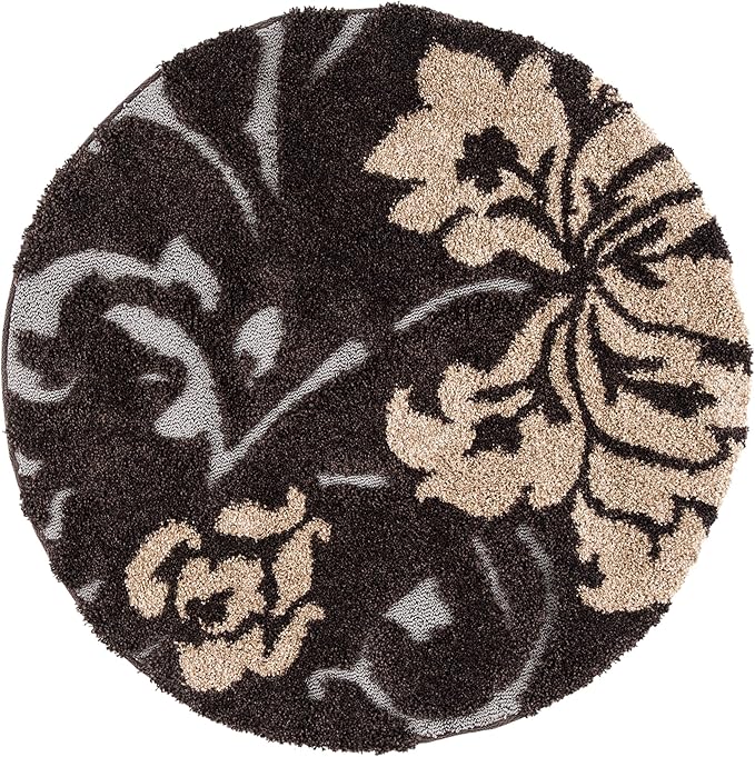 SAFAVIEH Florida Shag Collection 4' Round Dark Brown / Smoke SG458 Floral Non-Shedding Living Room Bedroom Dining Room Entryway Plush 1.2-inch Thick Area Rug