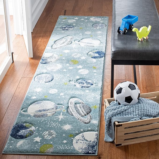 SAFAVIEH Carousel Kids Collection Runner Rug - 2' x 8', Teal & Ivory, Non-Shedding & Easy Care, Ideal for High Traffic Areas for Boys & Girls in Playroom, Nursery, Bedroom (CRK103J)