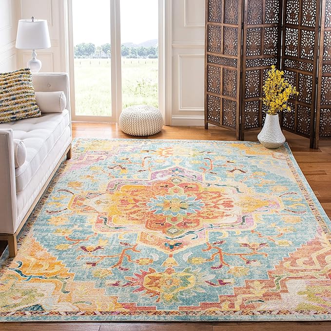 SAFAVIEH Crystal Collection X-Large Area Rug - 11' x 16', Orange & Teal, Medallion Distressed Design, Non-Shedding & Easy Care, Ideal for High Traffic Areas in Living Room, Bedroom (CRS501K)