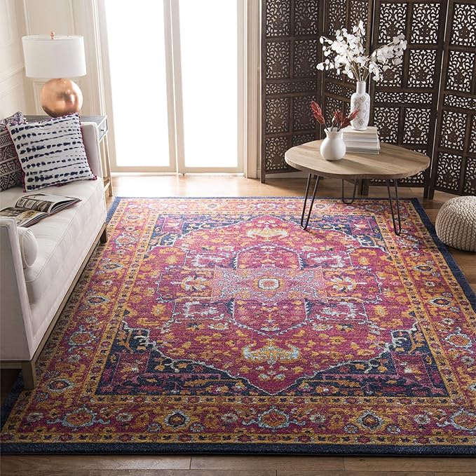 SAFAVIEH Evoke Collection 8' x 10' Fuchsia / Orange EVK275S Oriental Medallion Distressed Non-Shedding Living Room Bedroom Dining Home Office Area Rug