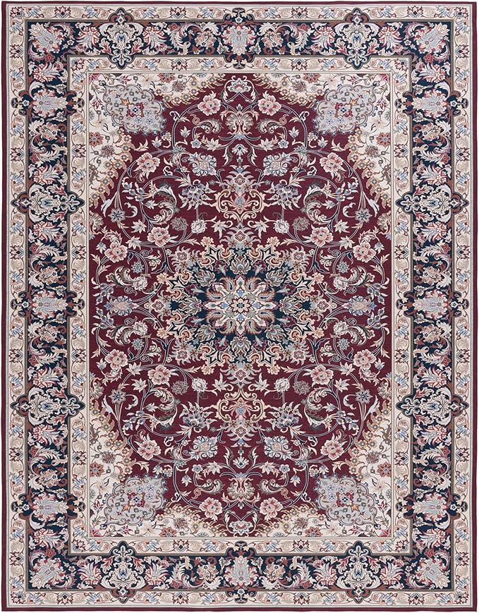 SAFAVIEH Washable Rug Tucson Collection - 9' x 12', Red & Navy, Slip Resistant & Easy to Clean, Ideal for Living Room, Bedroom, Dining Space (TSN135Q)